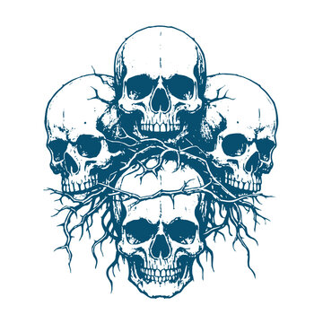 Black and white vector illustration of a skull wrapped in thorny roots. Dark and eerie design, perfect for metal band merch, tattoo art, t-shirts, posters, and gothic themes.