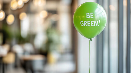 Vibrant green balloon displaying eco friendly message BE GREEN, floating near soft focus restaurant interior, highlighting sustainability awareness