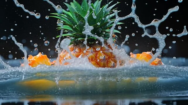 Fresh pineapple splashing into water, with vibrant fruit slices nearby