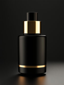 A luxurious black cosmetic serum bottle with gold accents, isolated on a dark background. Ideal for high-end beauty product mockups