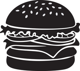 A Black vector silhouette of a standing American hamburger on a white background, hamburger on black background