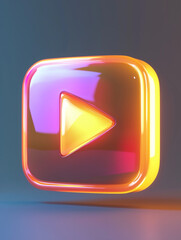 A neon-style, glowing play button in a square format with vibrant colors. Perfect for media, video streaming, and entertainment branding