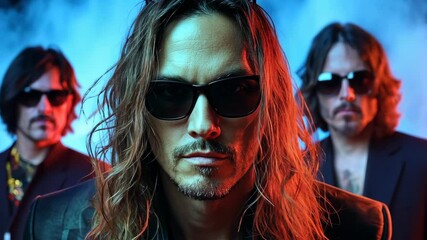 Rock band performing with dramatic lighting and intense expressions at a music festival in an urban setting