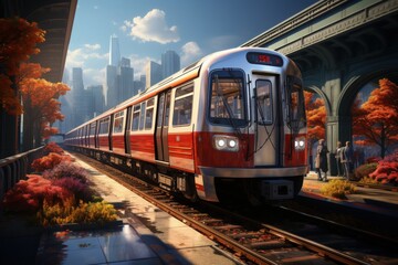 Naklejka premium A subway train arriving at a busy underground station