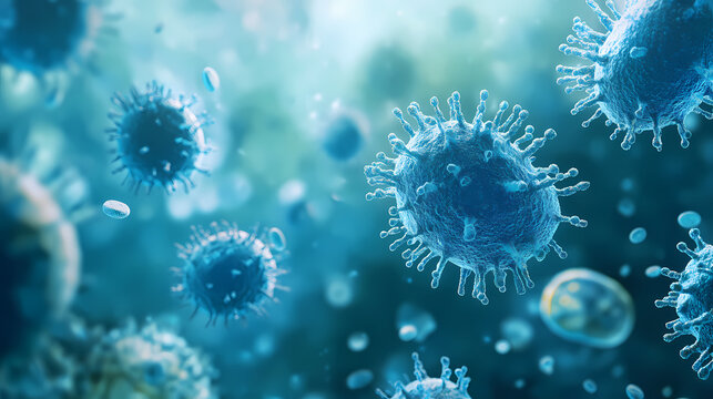 Swarms of blue bacterial cells suspended in air, dust, blue bacteria. Spore Clouds. Illustration