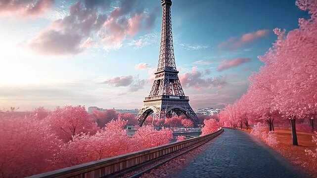 Serene spring scene with Eiffel Tower surrounded by blooming cherry blossoms