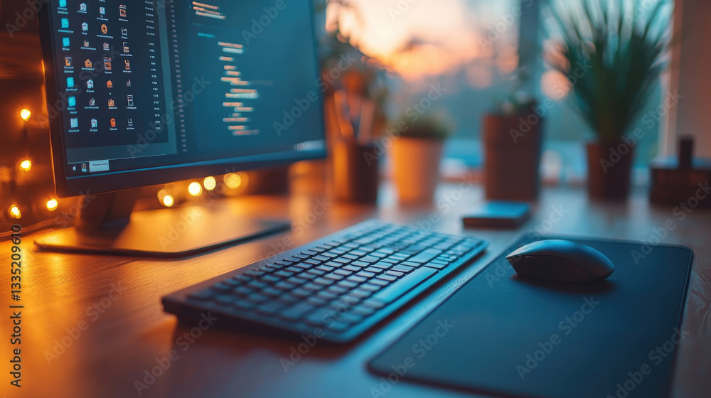 Aufkleber modern home office setup displaying code on monitor at sunset