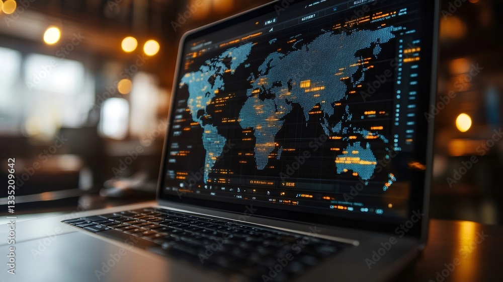 Aufkleber Laptop showing world map with data analysis in blurred background