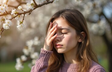 Naklejka premium Girl rubs eyes suffering from seasonal pollen allergy in spring park. Woman feels unwell, itchy eyes, inflammation symptoms. Spring blossom blooming tree, health care, outside seasonal infection