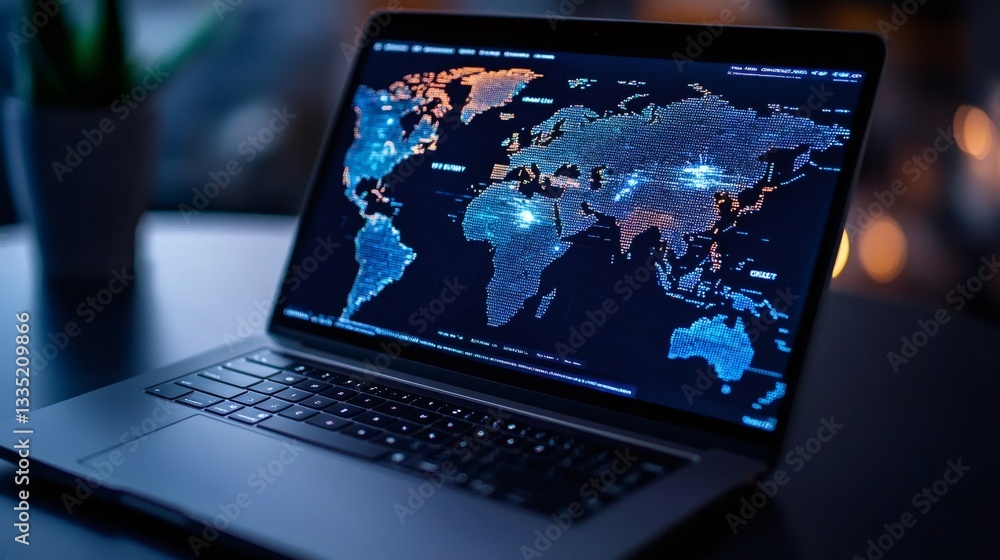 Fototapete Modern laptop showing world map with data points visualizing global connections