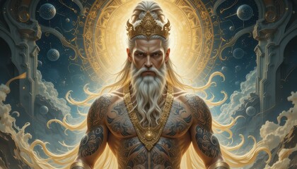 Majestic Ethereal Deity with Flowing Hair and Intricate Tattoos