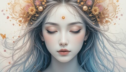 Ethereal Portrait of Serenity with Floral Hair Accessories and Calm Expression