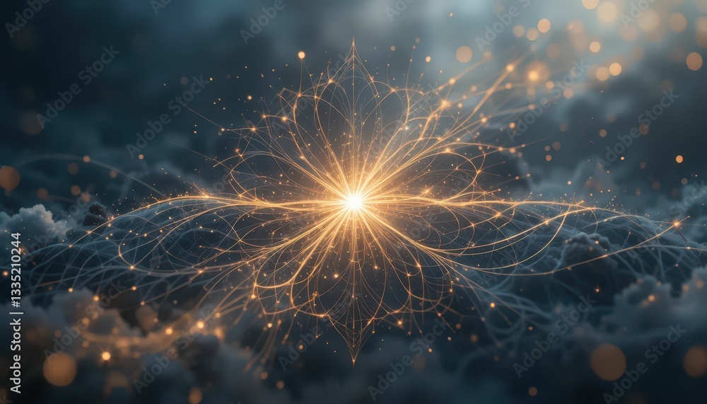 Poster ethereal light burst with intricate patterns in dark atmosphere