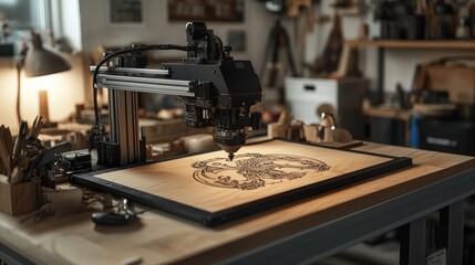 Fototapeta premium High-Tech CNC Machine Engraving Intricate Wood Design in Modern Workshop with Tools and Equipment