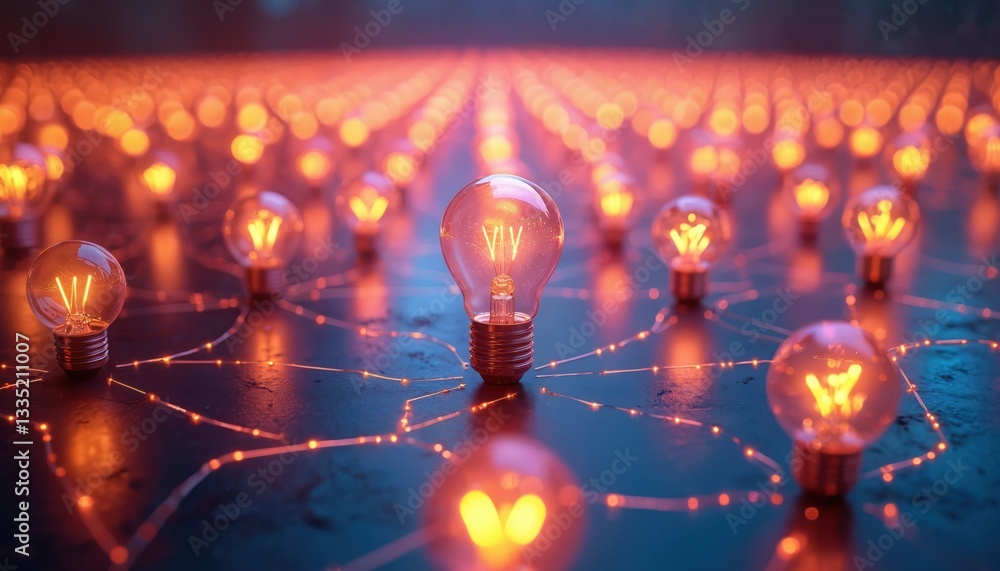 Poster illuminated light bulbs connected by glowing lines create network. concept of bright ideas, innovati