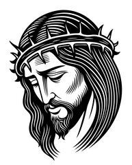 Black and white portrait of Jesus Christ: image of Jesus with a crown of thorns, made in the engraving technique