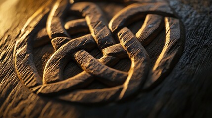 A Celtic knot design carved into a piece of wood