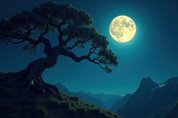 Fototapeta premium Twisted gnarled trees, moonlight filtering through branches, fog, mysterious, halloween