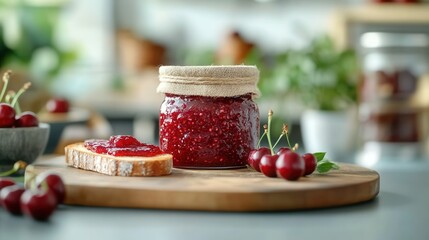 Homemade cherry jam in a rustic jar with fresh cherries and toast on a wooden cutting board
