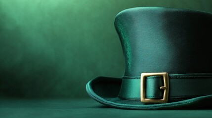 A close-up of a green Irish leprechaun hat with a gold buckle, on a green background