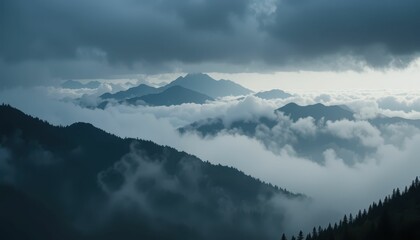 Serene Mountain Landscape with Misty Clouds and Dramatic Skies