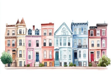 Fototapeta premium Watercolor Row Houses, Colorful Street Scene