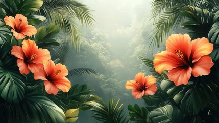 Fototapeta premium Tropical background featuring palm trees and vibrant hibiscus flowers in an artistic watercolor style