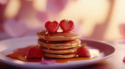 A stack of pancakes with heart-shaped strawberries and syrup
