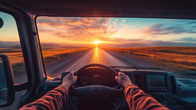 Truck driver driving into the sunset on a country road