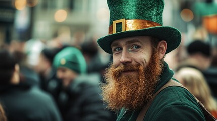 A street performer dressed as an Irish leprechaun, entertaining a crowd during a St. Patrick's Day festival