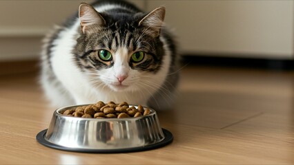 Fluffy tabby and white cat eating from metal bowl