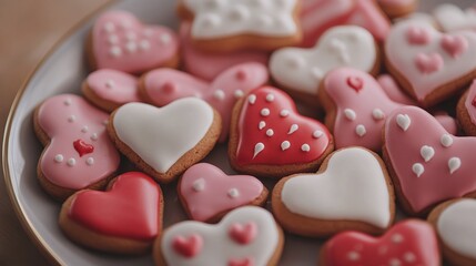 A variety of Valentines heart-shaped cookies, biscuits decorated with red, pink, and white icing