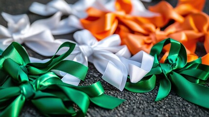 Green, white, and orange ribbons tied in bows