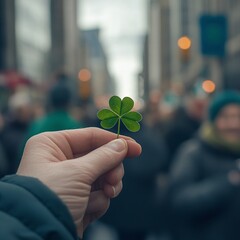 Hand holding a four-leaf clover, with a blurred background of a festive St. Patrick's Day parade
