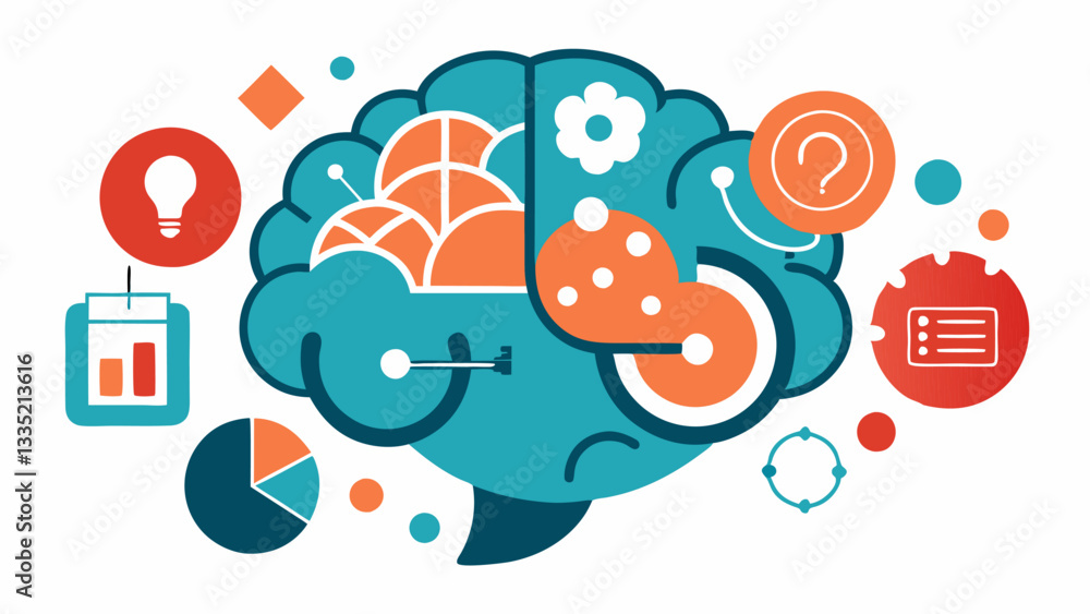 Poster overstuffed brain an illustration of a brain overflowing with various icons like question marks cloc