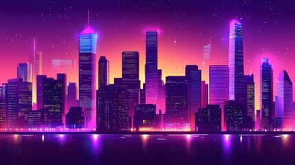 Neon Cityscape Reflecting in Still Water at Night