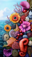 A dazzling display of corals and marine flora showcases vibrant hues against the calm sea