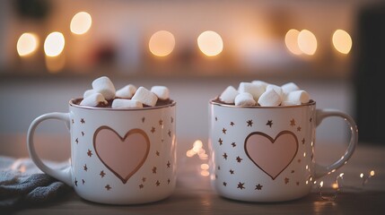 Two love St Valentines mugs with a heart design, filled with hot chocolate and marshmallows