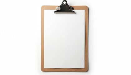 Top view of blank clipboard with white paper sheet attached. Wooden board with metal clip for checklist, report. Template mock-up for corporate memo message, office stationery. Copy space on clean