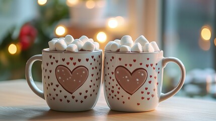 Two love St Valentines mugs with a heart design, filled with hot chocolate and marshmallows