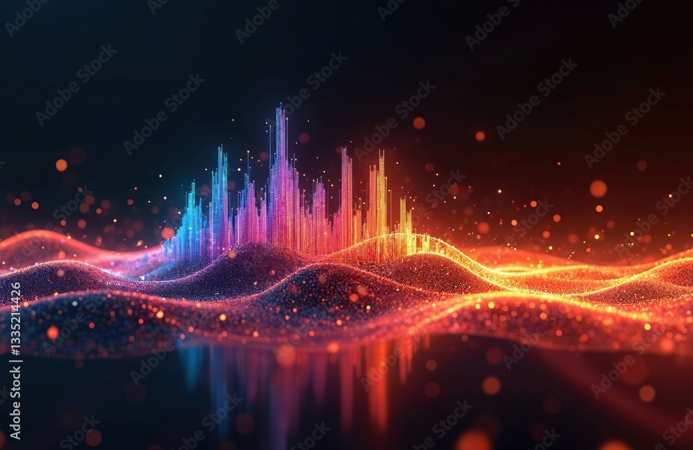 Fototapete Abstract 3D illustration with equalizer effect over black background with particles. Data wave points create graph combination with glow, neon, motion. Modern design for financial technology concepts.