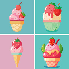 ice, cream, berry, strawberry, pink, food, ice cream, dessert, sweet, cone, chocolate, illustration, vector, icecream, cupcake, cake, cold, summer, set, candy, ice-cream, fruit, cherry, design, vanill