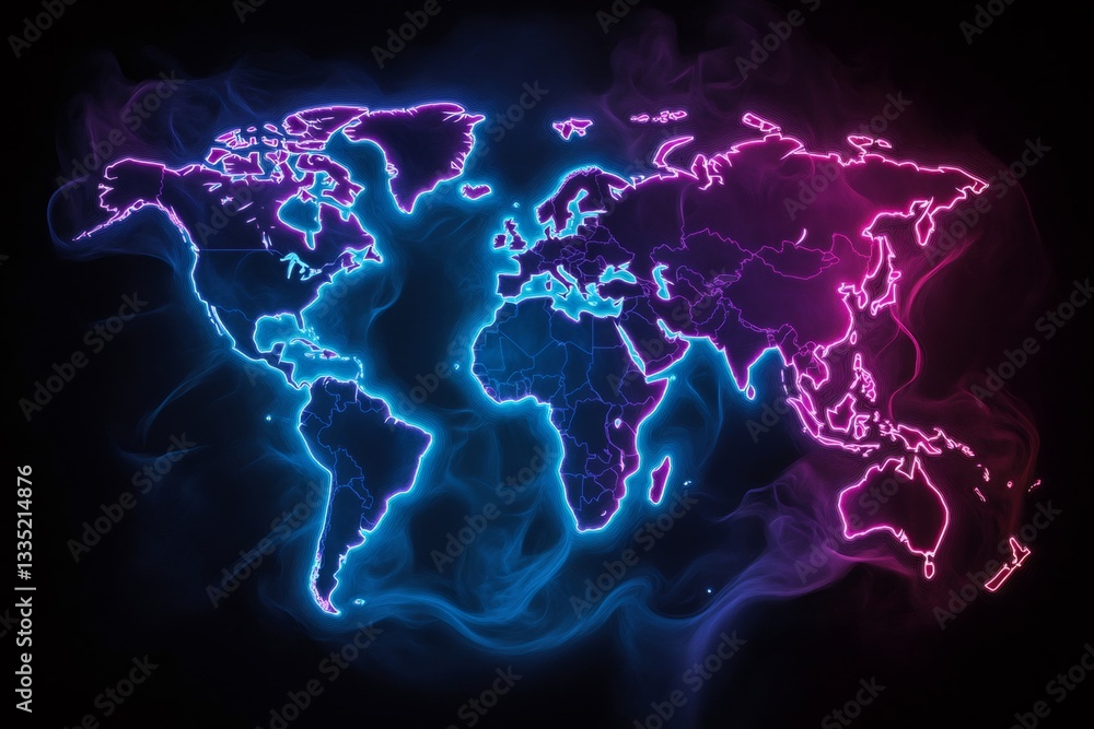 Poster world map with glowing neon lines showing country borders on dark background