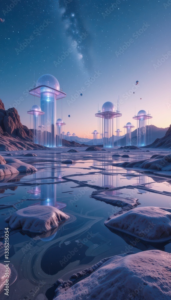 Poster futuristic landscape with floating structures and celestial background