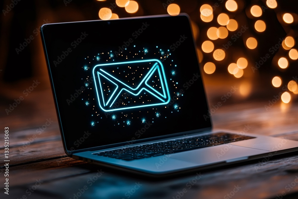 Poster laptop showing email icon with festive lights in background