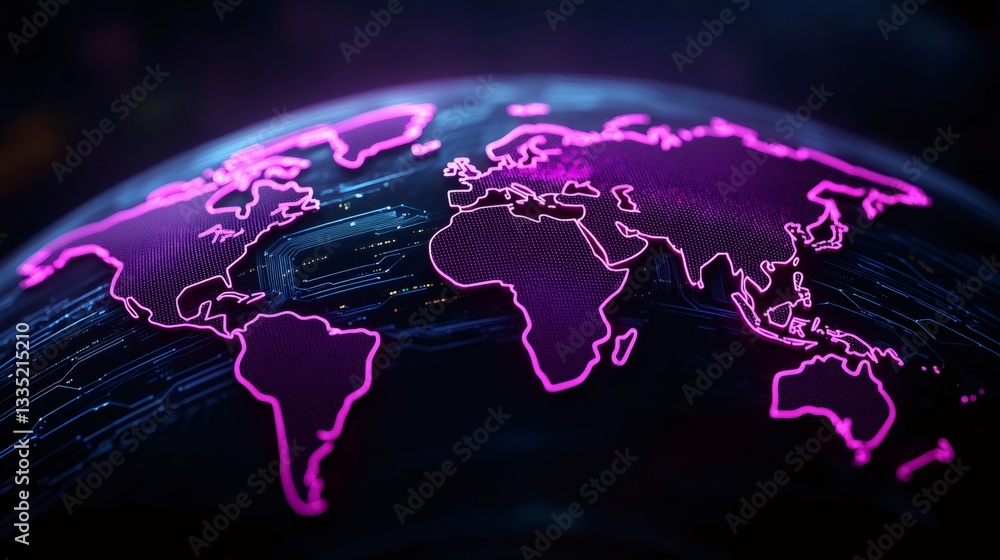 Poster planet earth showing world map with futuristic purple glowing circuit board pattern