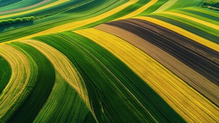 Aerial view of vibrant agricultural fields and crop patterns