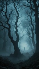 Mysterious Forest at Night with Silhouetted Figure in Fog
