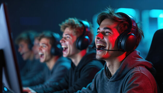 Esports team celebrates online gaming tournament victory. Guys wearing headsets shout, laugh, smile looking at monitor screen. Group of excited happy gamers after championship success.