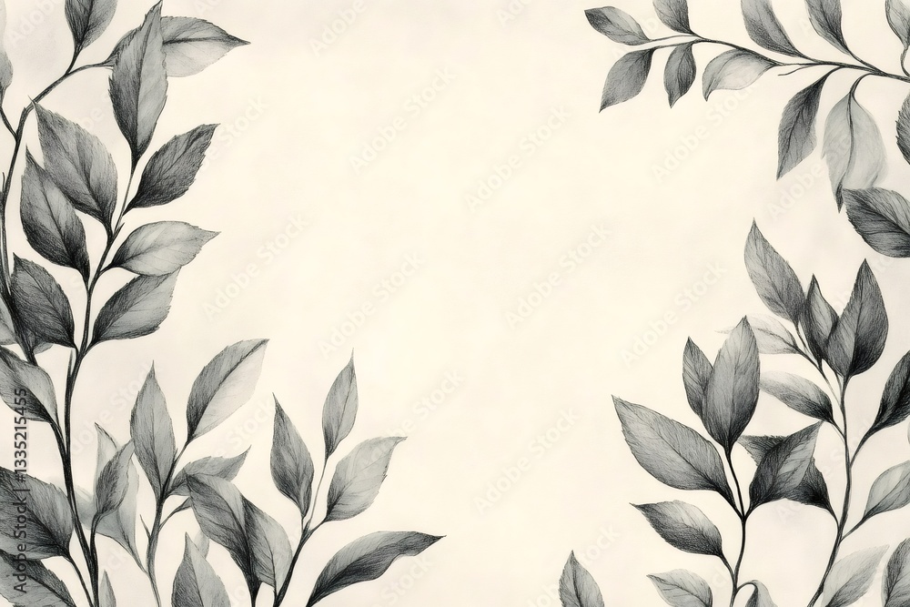 Poster pencil drawing branches with leaves creating a frame on canvas background